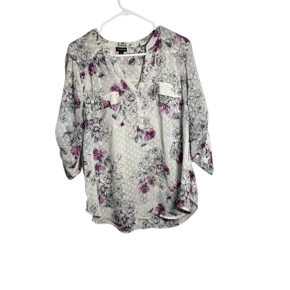 Torrid Womens Floral Sheer Blouse With 3/4 Sleeves & Polka Dot Detail - Size 2X